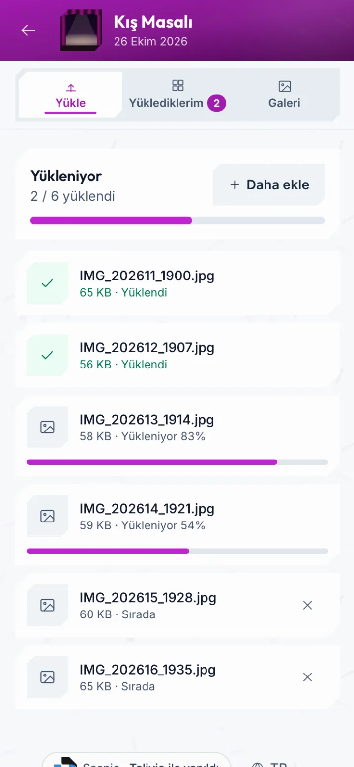Yükleme ekranı: beş dosyanın ikisi yüklendi, diğerleri sırada