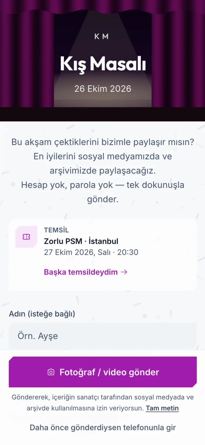 Seyircinin telefonunda açılan karşılama sayfası ve fotoğraf / video gönder düğmesi